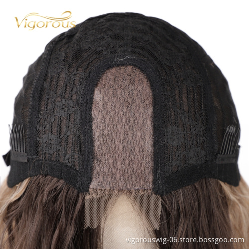 Vigorous Cheap U part Lace 100% Swiss Lace Front Ombre Wig Synthetic Hair Long Wavy Lace Frontal Colored Wigs For Black Women